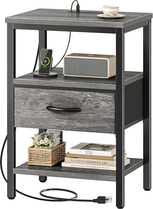 SUPERJARE Nightstand with Charging Station, Bed Side Table with Adjustable Fabric Drawer, Night Stand for Bedroom, 3-Tier Storage End Table, for Living Room, Grey