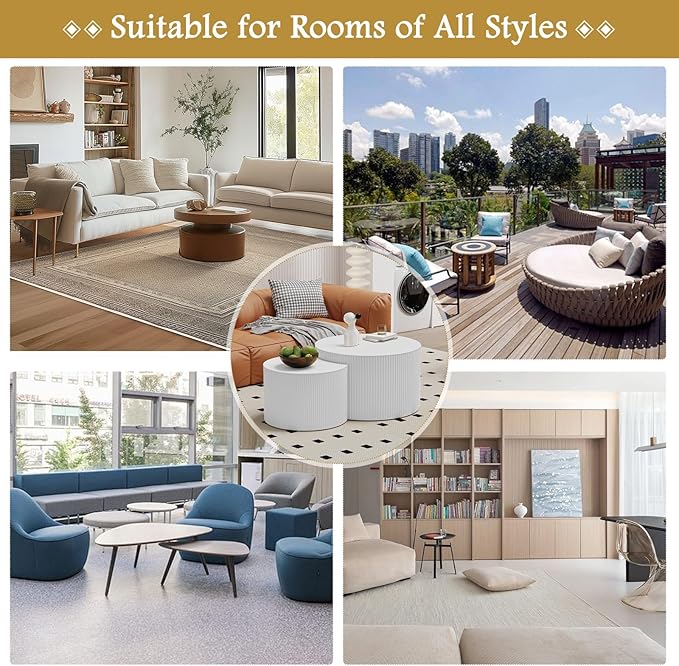 Round Coffee Table Set of 2 Modern Nesting Coffee Tables Wooden Drum Coffee Tables with Non-Slip Feet, Circle Nesting Tables End Table for Living Room Office, No Assembly (Cream 18.9"+14.96")