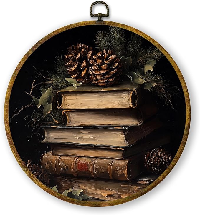 QZQE Rustic Christmas Round Wall Art Decor Framed, Vintage Christmas Pinecones Book Canvas Prints, Dark Academia Bookish Cottagecore Wall Hanging Decor for Library Reading Room Home, 10x10 Inch