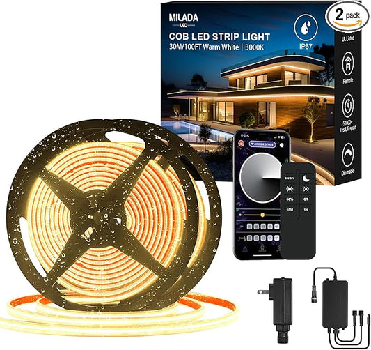 IP67 COB LED Strip Light 100FT/30M Outdoor Led Strip Lights Waterproof 3000K CRI90+ Flexible 24V Remote & App Control Dimmable Water Proof Led Light Strips × 2 Rolls for Terraces Patio