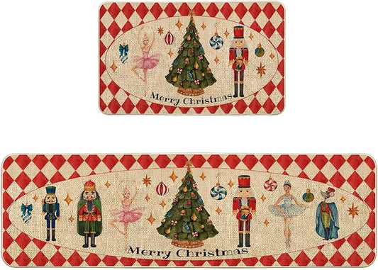 VAKADO Christmas Kitchen Rugs Door Mat Set of 2,for Decor Kitchen Door Front Doormat Nutcracker Floor Decorations Stain Fade Resistant Non-Slip Rubber Backing Rug(17x29 Inch,17x47 Inch)