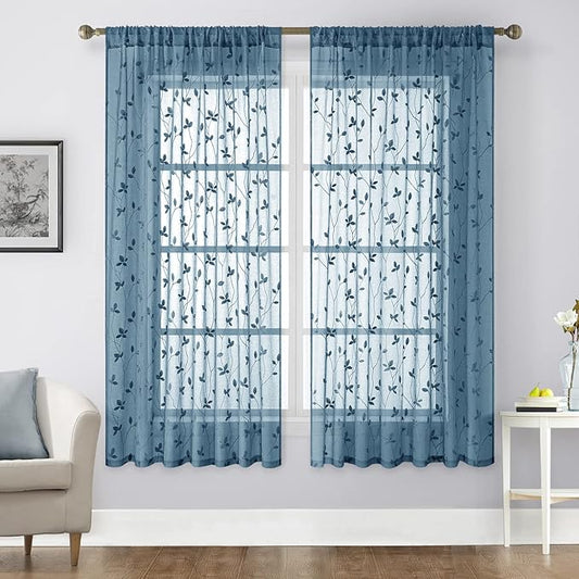HOMEIDEAS Cyan Blue Sheer Curtains 52 X 63 Inches Length 2 Panels Embroidered Vine Floral Pattern Pocket Faux Linen Semi Sheer Voile Window Drapes for Bedroom Living Room