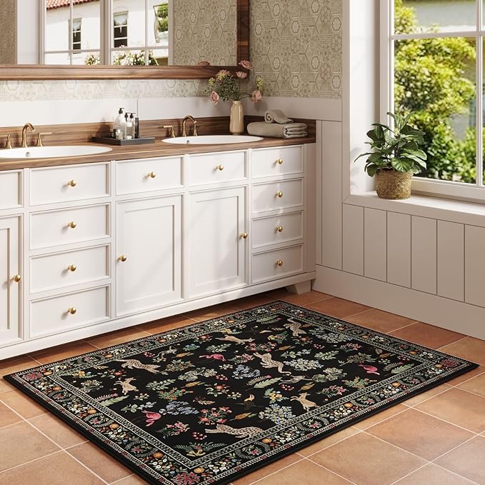 Rugcomf Door Mat Indoor Entrance 2x3 Rug Machine Washable Boho Floral Animal Small Area Rug Non-Slip Low Pile Throw Rugs for Entryway, Kitchen, Front Door Indoor Entrance, Entry, Kids Room (Black)