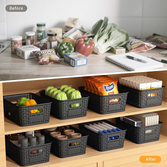 Black Plastic Storage Baskets - Pack of 8 with Labels Stackable Durable Storage Bins, Storage Containers for Organizing Desktops, Closets, Playrooms, Classrooms, Offices