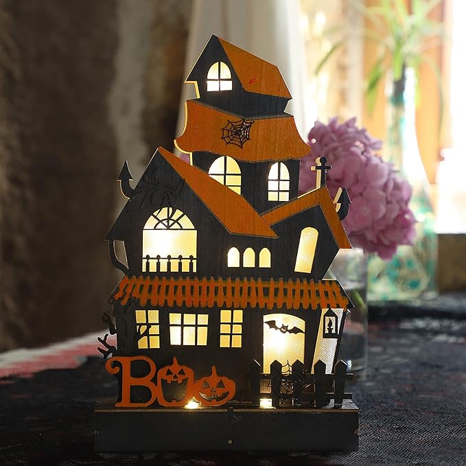 Lulu Home Halloween Tabletop Decoration, Wooden Lighted Boo Haunted House Decoration, Battery Operated Halloween Sign Indoor Fireplace Desk Kitchen Table Ornament, 10.6 x 6.7 x 1.9 INCH