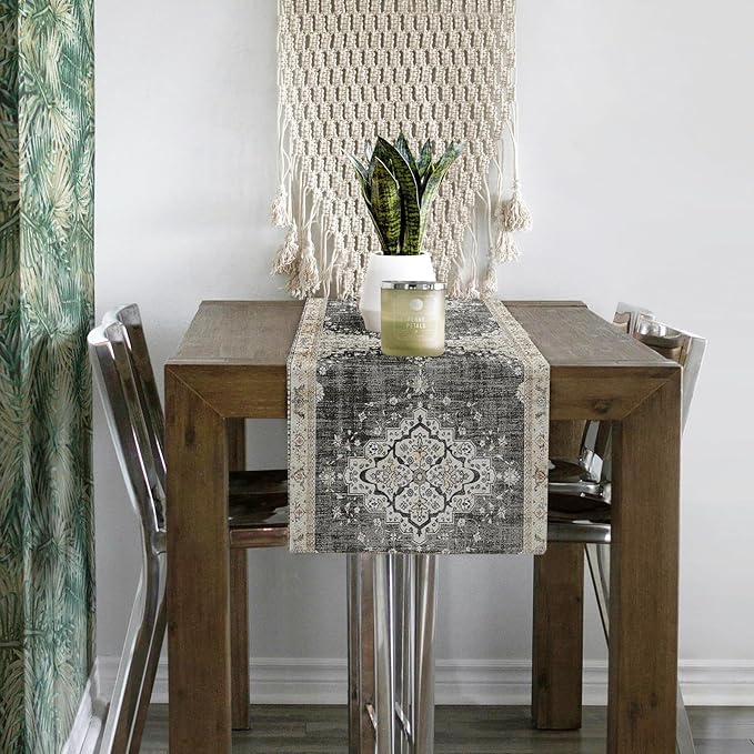 Snycler Table Runner Boho Table Runners Vintage Elegant Farmhouse Table Center Linen Decor for Home Dining Party Entrance (13x72 Inch) Black