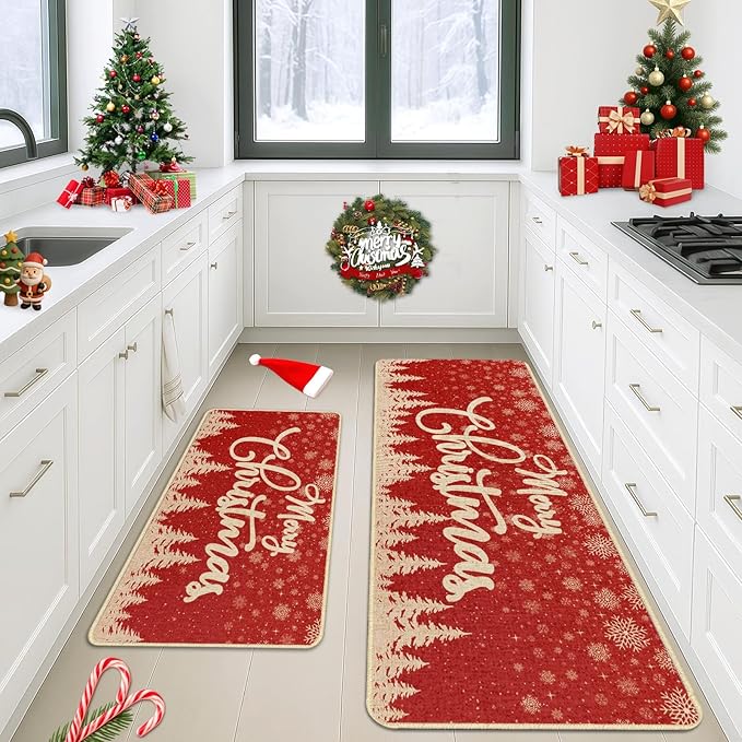 Christmas Snowflake Tree Kitchen Rugs and Mats Non Skid Washable Set of 2, Xmas Kitchen Mats for Floor Decor