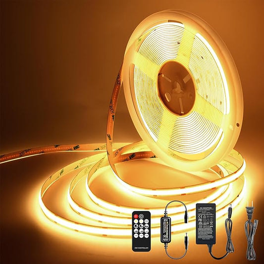 LED Strip Lights 32.8FT,Dimmable cob led Strip with Adapter and Remote,Superbright 24V led Tape,CRI90+,2700K Warm White led Strips,Indoor Perfect for Cabinet,Room,Kitchen,TV,Mirror
