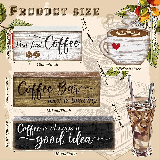 4 Pcs Wooden Coffee Bar Tabletop Decor Coffee Tiered Tray Decor Rustic Wood Bar Sign Gift Farmhouse Table Centerpiece Farmhouse Decorations for Home Kitchen
