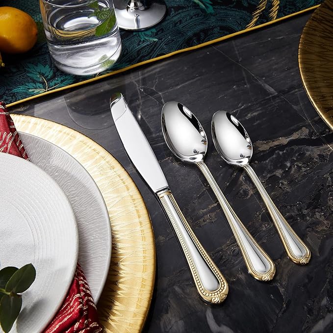 KEAWELL Pearl Edge Premium 65-Piece Refined Bead Silverware Set, 18/10 Stainless Steel, Service for 12, Fine Flatware Set with Serving Utensils, Dishwasher Safe (65, Gold Accent)