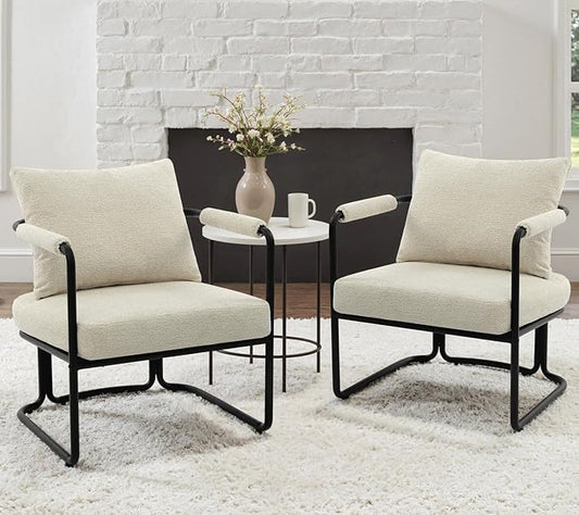 Mid-Century Modern Accent Chairs Set of 2, Comfy Upholstered Lounge Arm Chairs with Chenille Fabric for Living Room, Bedroom, Apartment, Reading Corner, Office, Beige Cream