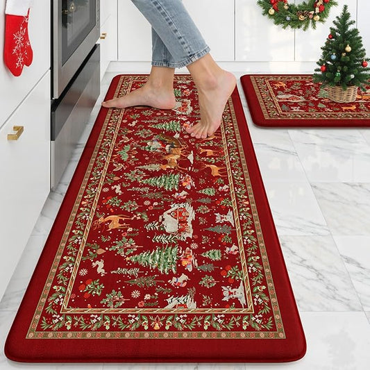 Christmas Kitchen Mats Anti Fatigue - Reindeer Sleigh Farmhouse Cushioned Kitchen Floor Mat, Non Slip Kitchen Rugs Sets of 2, Christmas Decorations Sink Mats for Home Holiday Decor(Red)