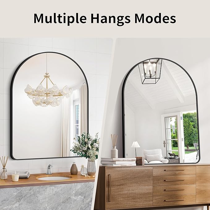 GLASHOM 30"x40" Black Arched Mirror for Bathroom, Wall Mounted Mirror, Aluminum Alloy Brushed Framed Wall Mirror, Anti-Rust, Large Mirror for Over Sink, Bedroom, Entryway (Vertical)