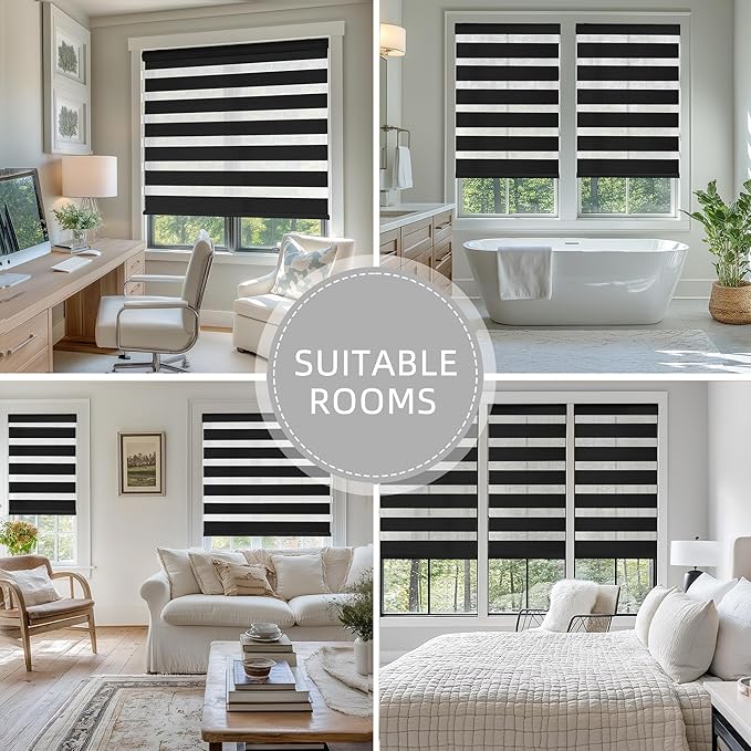 ChrisDowa Cordless Zebra Blinds for Windows, Dual Layer Free-Stop Light Filtering Window Roller Shades, Pull Down Privacy Zebra Shades for Home, Office, Bedroom, Door (59" W x 72" H, Black)