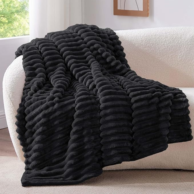BEDELITE Fleece Throw Blanket for Couch - 300GSM Soft & Warm Fluffy Black Blanket, Decorative and Giftable Striped Blankets for Women, Men, 50"x70"