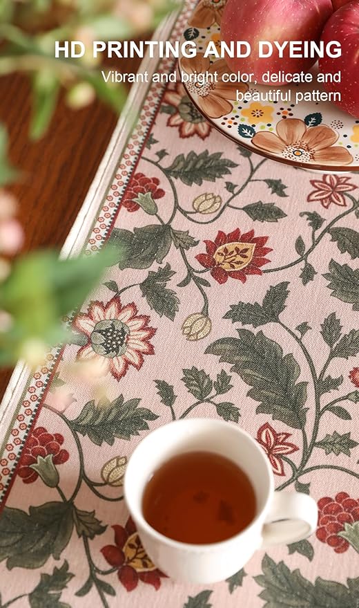 ISAENNE Designer Provence Elegant Linen Table Runner 102 Inches Long,Flower and Leaves Pattern Durable Table Runners for Dining Tables,Thanksgiving,Kitchen Tables,Christmas,12"*102"-Ratina