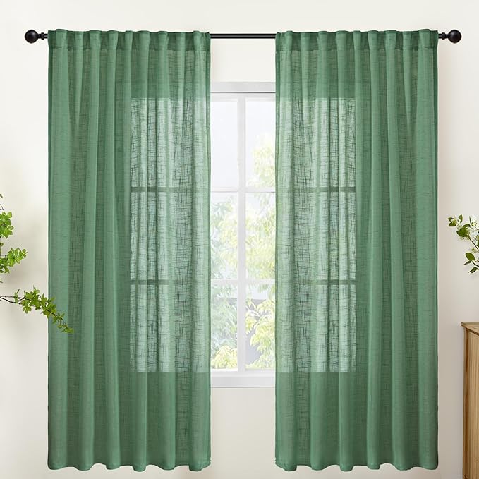 YoungsTex Green Linen Semi Sheer Curtains 72 Inch Length for Living Room 2 Panels, Light Filtering Window Drapes Rustic Textured with Rod Pocket Back Tab for Bedroom, 52 X 72 Inch