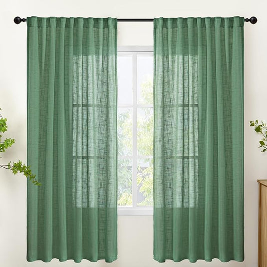 YoungsTex Green Linen Semi Sheer Curtains 72 Inch Length for Living Room 2 Panels, Light Filtering Window Drapes Rustic Textured with Rod Pocket Back Tab for Bedroom, 52 X 72 Inch