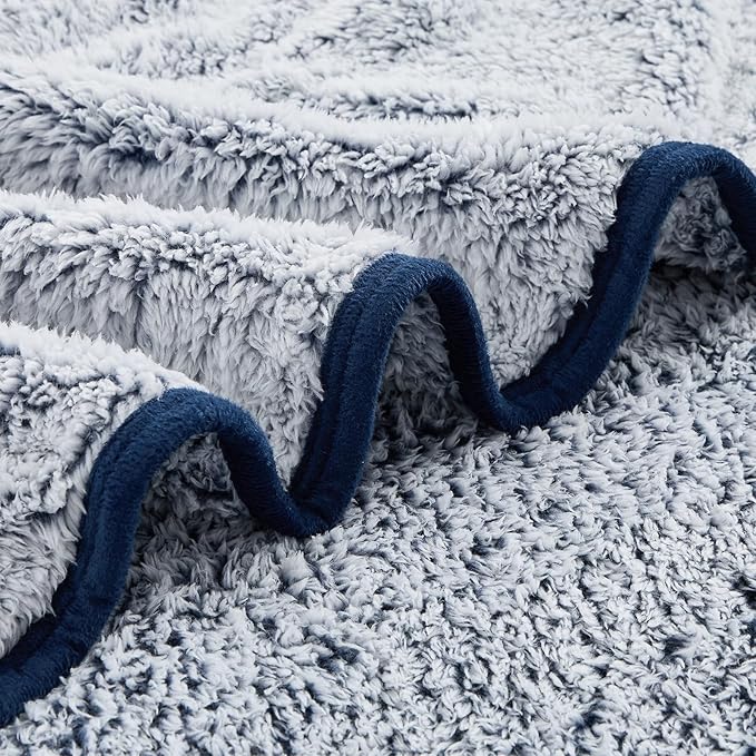 EMME Soft Sherpa Fleece Blanket Reversible Plush Fluffy Large Blanket, Light Weight Warm Decorative Boho Blanket Cover for Sofa, Couch, Bedroom,Travel(Plush Navy,108"x90")