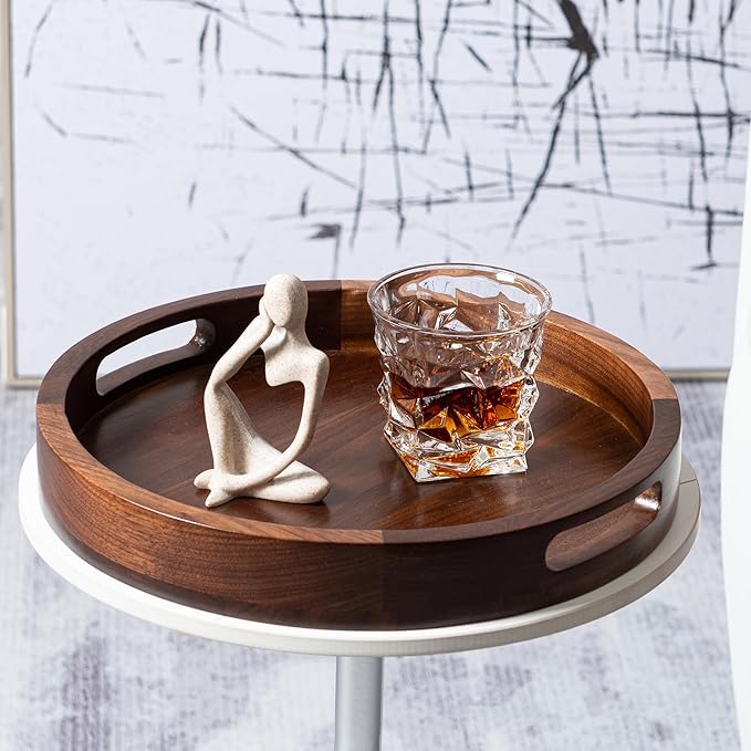 13 x 13 inches Round Ottoman Table Tray, Wooden Solid Black Walnut Circle Platter Decorative Serving Tray with Handle for Oversized Ottoman Home Breakfast in Bed Tea Coffee