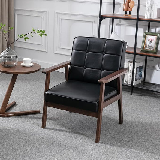 Okeysen Mid Century Modern Accent Chair, Retro Wood and Leather Armchairs Side Chair, Lounge Reading Comfy Arm Chair for Living Room, Bedroom, Office (Matte Black)