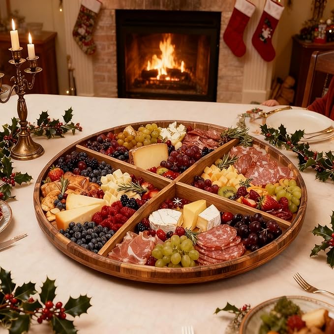 Utoplike Extra Large Acacia Wood Serving Tray, 23.6'' Round Charcuterie board, Cheese board with Rotating Base Raised Edge and Removable Dividers for Food, Snacks, Party, Dining