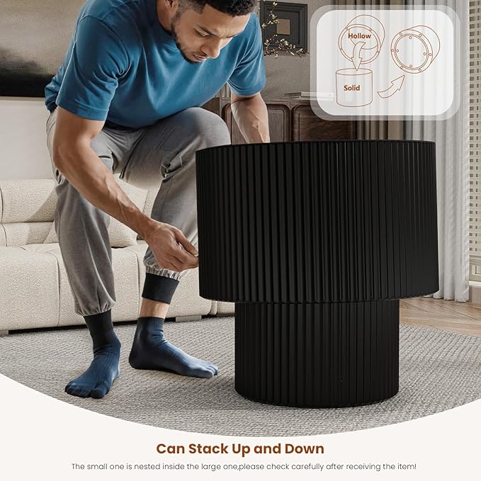 Round Wood Coffee Table Set of 2 Modern Circle Nesting Coffee Table Handcrafted Drum Nesting Table Nesting Coffee Tables for Living Room for Small Space (Black (D27.56+D19.69 inch))