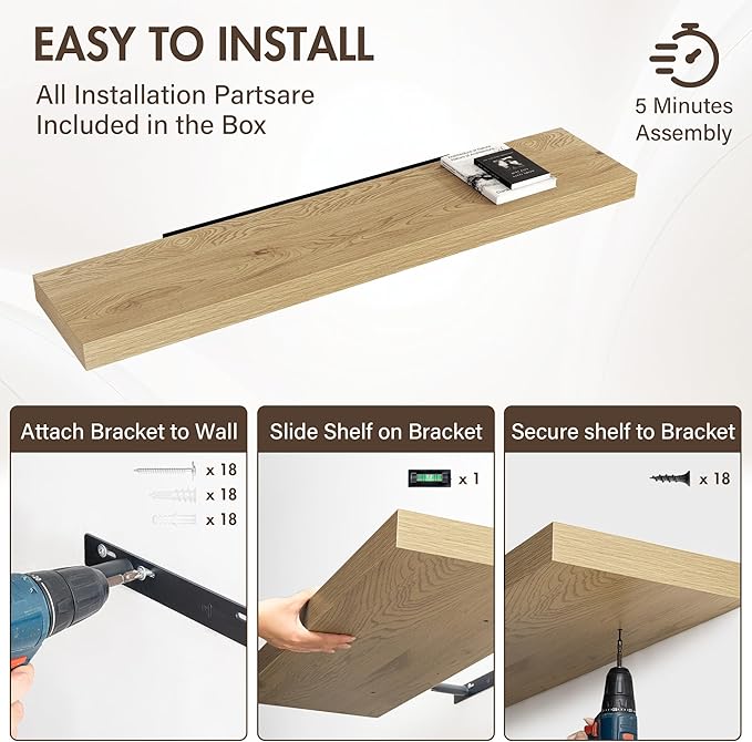 55 Inch Floating Shelves, 12" Deep Floating Shelf Wall Mounted, 55" Wall Shelves, Rustic Deep Bookshelf, Extra Deeper & Thicker Display Shelves for Bedroom, Living Room, Oak, Set of 2