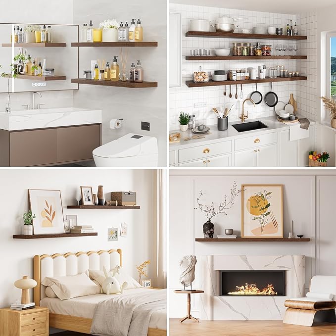 Heimlove 55 Inch Long Floating Shelves for Wall,9.3" Deep Walnut Floating Shelf Set of 2,Large Display Shelf & Storage Shelf,Wall Mounted Shelves for Bedroom Living Room Kitchen Office