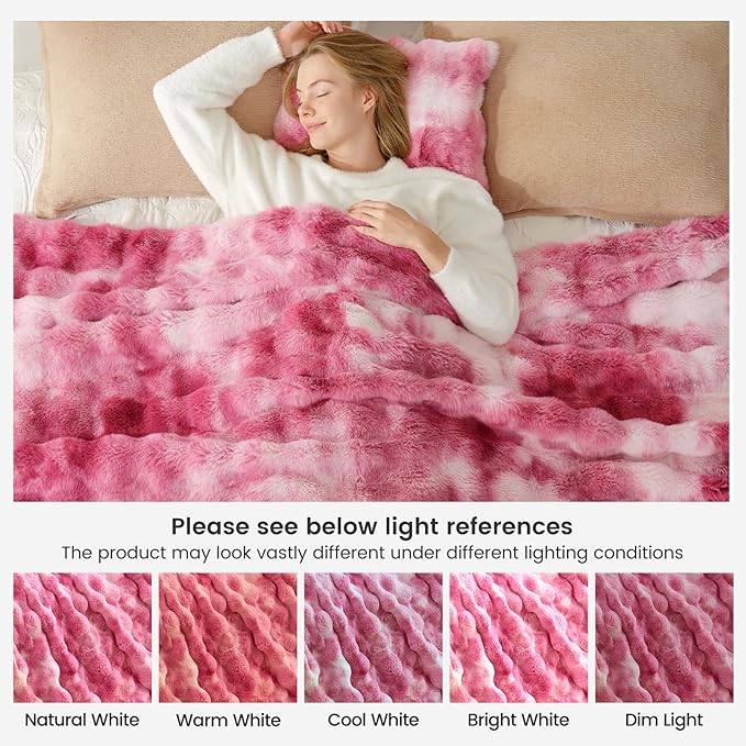 Cozy Bliss Faux Fur Throw Blanket for Couch, Bubble Plush Blanket King Size, Fuzzy Soft & Thick Blanket for Bed Sofa Living Room, 108x90 Inches Tie-dye Pink