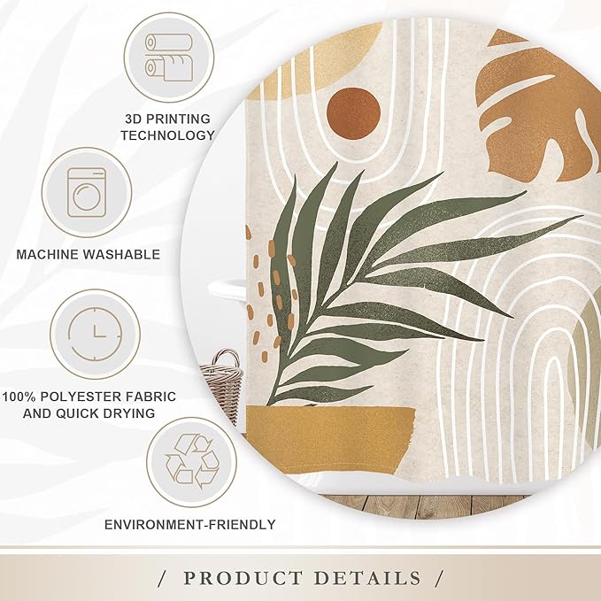 Glawry Beige Green Boho Shower Curtain Mid Century Abstract Plant Tropical Palm Leaf Minimalist Arch Geometric Bathroom Modern 72Wx78L Inches Bath Accessories Art Home Decor Fabric 12 Pack Hook