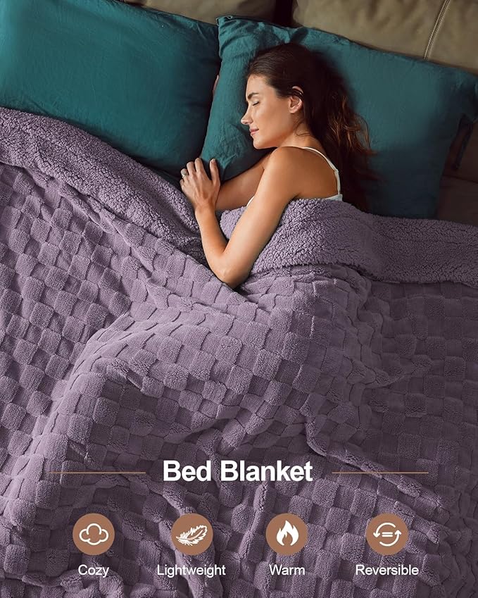 Pawque Super Soft Cozy Throw Blanket Queen Size for Couch Bed, Fluffy Sherpa Fleece Reversible Thick Warm Fuzzy Blanket for All-Season, 3D Checkered Jacquard Decorative Blankets, Purple, 90"x90"