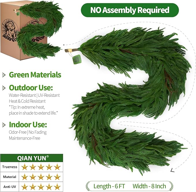 Christmas Garlands Norfolk Pine – 6FT Real Touch Mantle Garland, Artificial Greenery for Staircase, Front Door, Fireplace, and Holiday Indoor & Outdoor Decoration(1, 6FT)