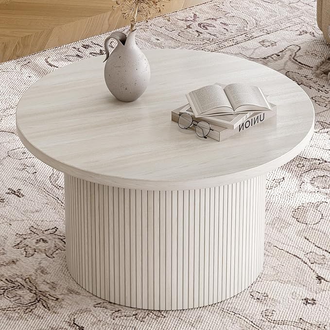 ONBRILL 31.5" Round Coffee Table, Tambour Design Coffee Tables for Living Room, Mid Century Modern Wood Coffee Table, Drum Accent Small Center Table, Natural White