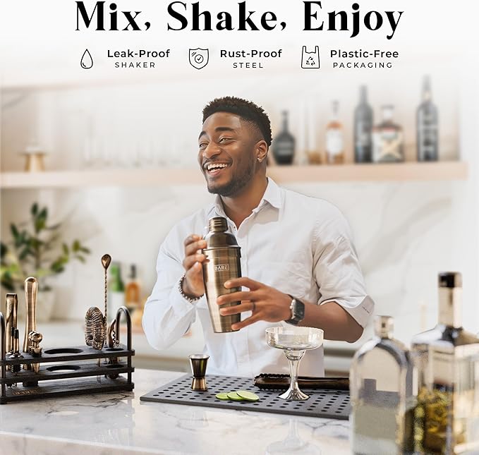 BARE BARREL® Mixology Bartender Kit Bar Set | 14-Piece Cocktail Shaker Set | Martini Barware Mixing Tools for Home Bartending | 35 Recipe Cards | Gift Set (24oz Cobbler Shaker, Brass/Black)