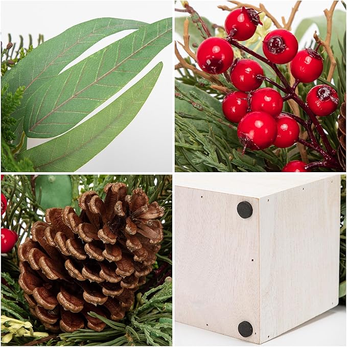 Christmas Centerpieces 8 Inch Artificial Christmas Plant in Rectangular Wooden Pot Tabletop Pine Plants with Red Berries Pine Cones Eucalyptus for Winter Holiday Party Fireplace Mantel Xmas Decor