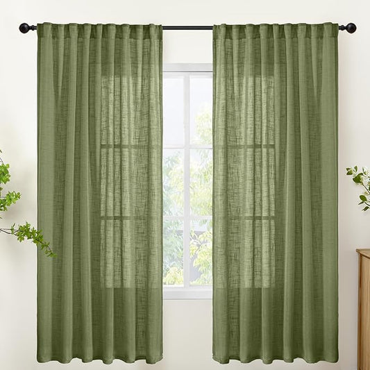 YoungsTex Olive Green Linen Curtains 72 Inch Length for Living Room 2 Panels, Semi Sheer Window Drapes Light Filtering Rustic Textured with Rod Pocket Back Tab for Bedroom, 52 X 72 Inch