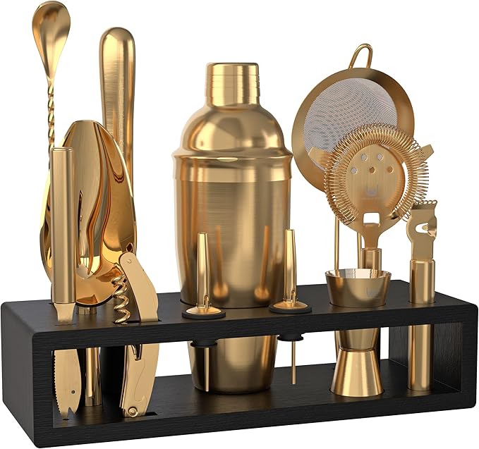 Highball & Chaser Bartender Kit with Espresso Bamboo Stand. Beautiful Cobbler Cocktail Shaker Set with Bar Tools Rustproof Stainless Steel Bar Set (Matte Gold)