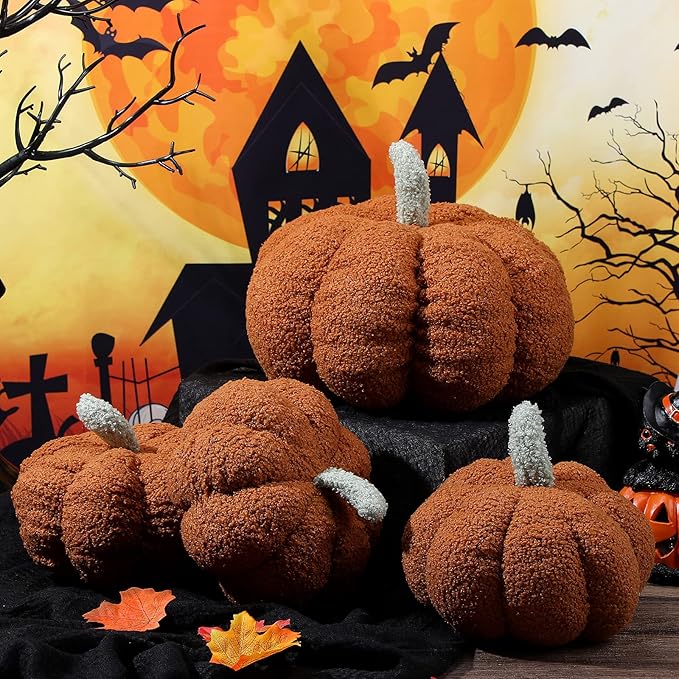 Kajaia 4 Pcs Fall Decor Pumpkin Throw Pillow Fall Pillow 11 Inches 7 Inches 3D Cushion Thanksgiving Sherpa Plush Fluffy Stuffed for Autumn Halloween Christmas Home Sofa(Brown)