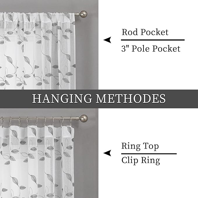 Tollpiz Grey Leaf Sheer Curtain Leaves Embroidered Bedroom Curtains Rod Pocket Voile Window Treatments for Living Room, 38 x 63 inches Long, Set of 2 Panels
