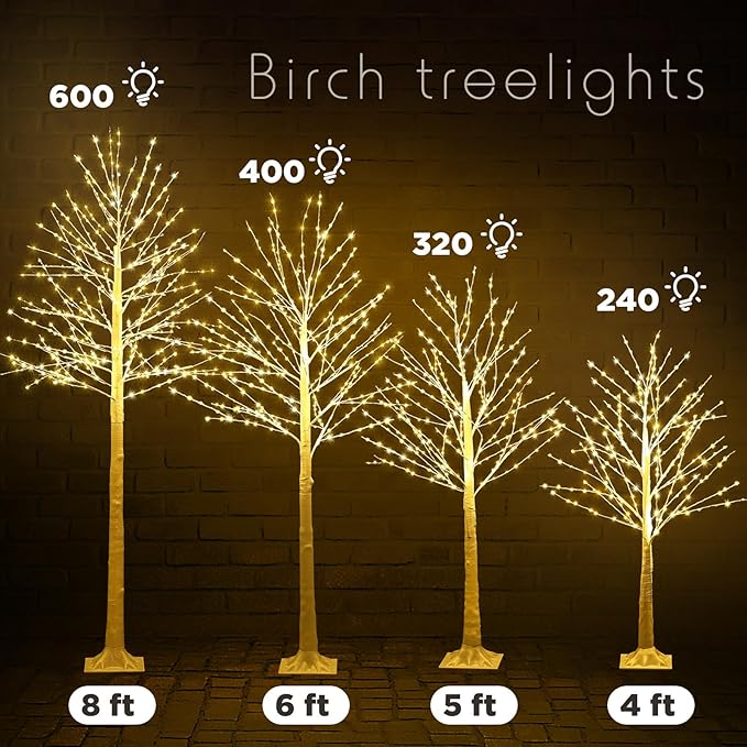 Baquler 8 Pack Lighted Birch Tree - Artificial LED Warm-White Light Birch Tree Decoration for Christmas Holiday Party Wedding Festival Decor, Indoor & Outdoor (4 5 6 8 ft)