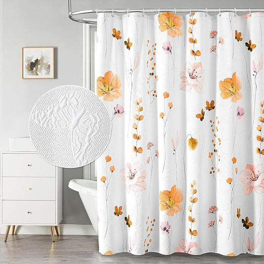 QIYI Watercolor Floral Shower Curtain, 3D Embossed Butterflies Orange Pink Flower Bathroom Curtain, Minimalist White Cloth Bath Curtain, Waterproof Fabric Textured Shower Curtain Set with Hooks, 72x72