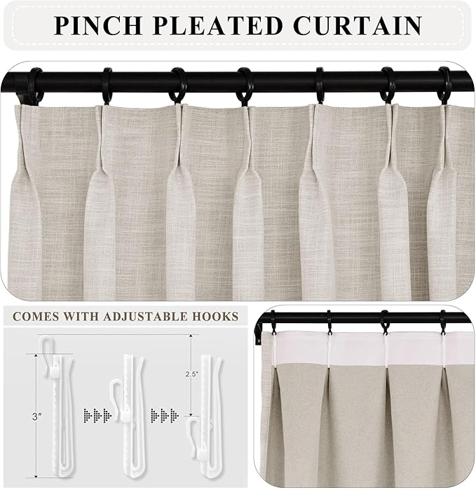 Macochico Pinch Pleated 100% Blackout Linen Curtains 120 Inch Width by 84 Inch Length, Thermal Window Drapery for Living Room Bedroom Nursery Farmhouse, Sand Beige Drapes with Tieback 1 Panel