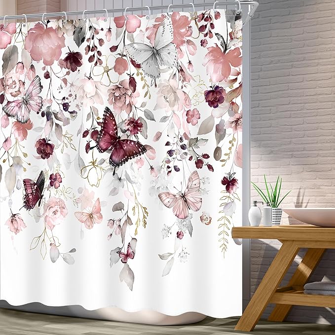 Grey Pink Floral Butterfly Shower Curtain 72Wx72L Inch Spring Summer Plant Natural Gold Green Leaves Botanic Bathroom Set Country Woman Girl Elegant Bath Curtain Bathtub Accessories Home Decor