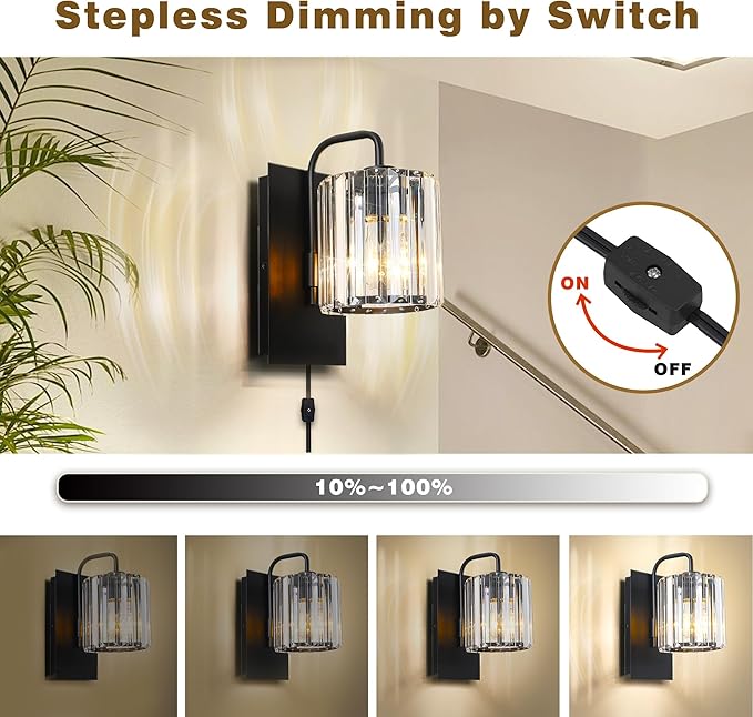 Plug in Sconces, Square Crystal Sconce Black Plug in Wall Sconce Modern Crystal Wall Lamp with On Off Dimmer Cord, Glass Wall Light Fixtures for Living Room Bedroom Hallway Bedside