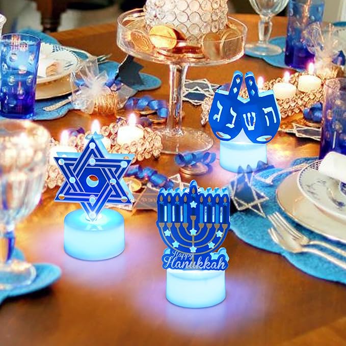 6 PCS Hanukkah Tea Lights Candles Battery Operated LED Flameless Tealight Candles, Blue Star of David Menorah Dreidel Hanukkah Decorations Centerpieces for Home Kitchen Party Decor