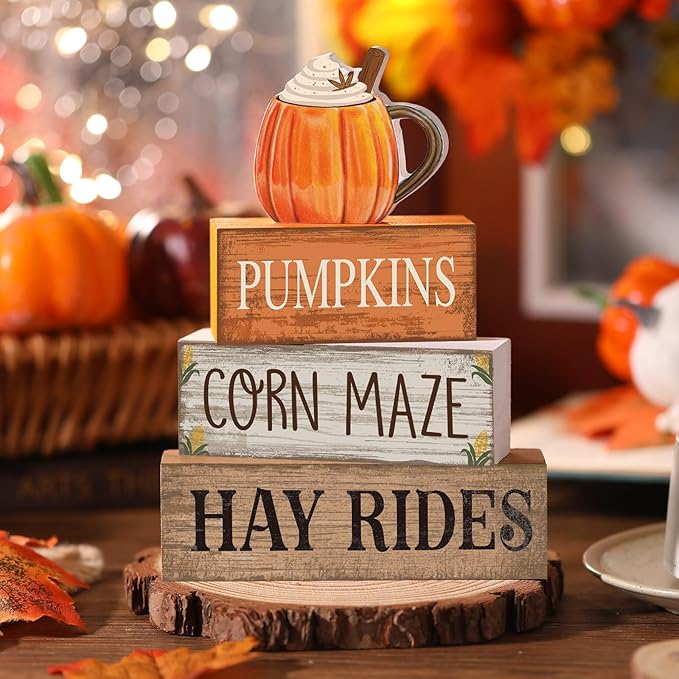 4 Pcs Fall Decorations for Home Fall Cream Cups Table Decor Thanksgiving Tiered Tray Decor Thanksgiving Centerpiece Rustic Cream Cups Block Sign Autumn Decorations for Home Kitchen Shelf