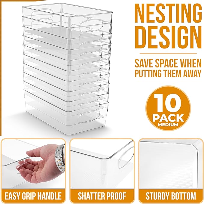 Sorbus Medium Clear Plastic Storage Bins for Organizing, 10 Pack Clear Organizer Bins with Handles Plastic Storage Bins for Closet, Pantry, Fridge, Medicine Cabinet Organizer, Shelves, Freezer, Drawer