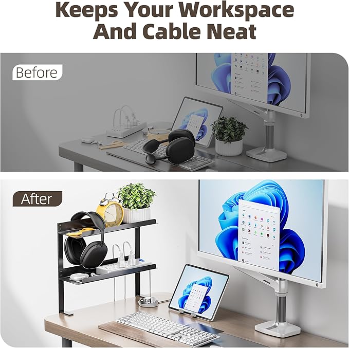 Delamu Under Desk Cable Management Double Tray, Metal Mesh Cord Organizer with U Clamp Mount, Adjustable Hole Cable Tray with Wire Management, Cable Raceway for Home Office Standing Desk