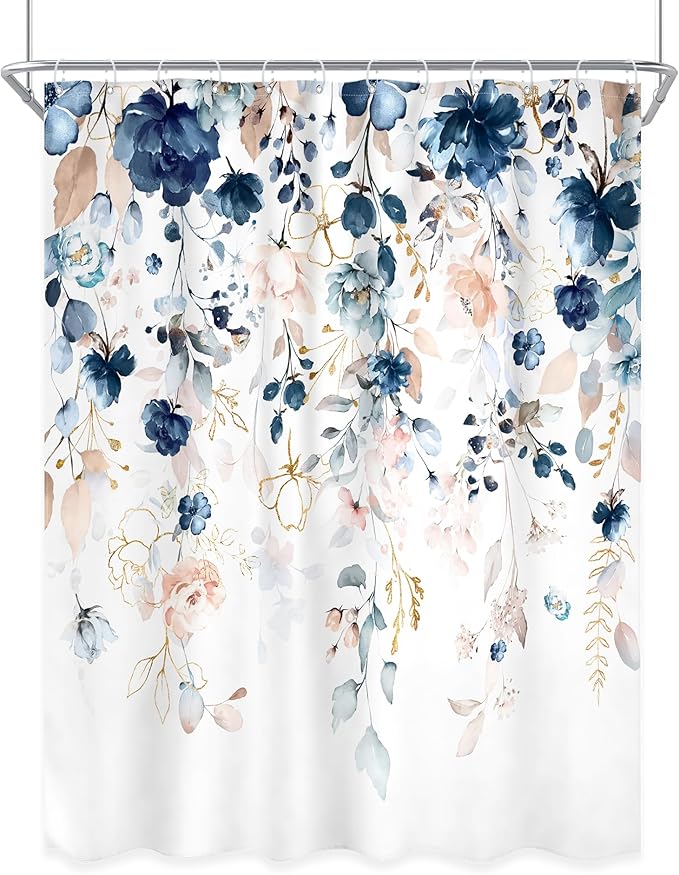 Small Stall Flower Shower Curtain 54Wx78H Inch Blue Pink Floral Spring Wilfflower Rustic Eucalyptus Leaf Boho Plant Botanical Bathroom Set Girls Bath Curtain Bathtub Accessories Home Decor